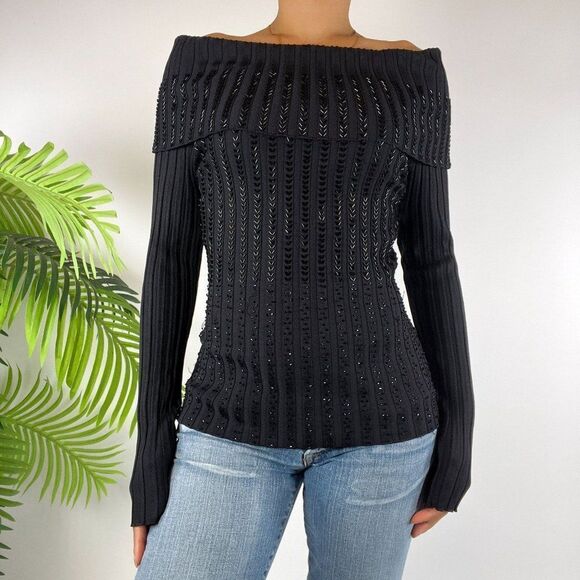 Women's Vintage 90s Black Beaded Classy Off The Shoulder Knit Sweater Top / M - Picture 3 of 8